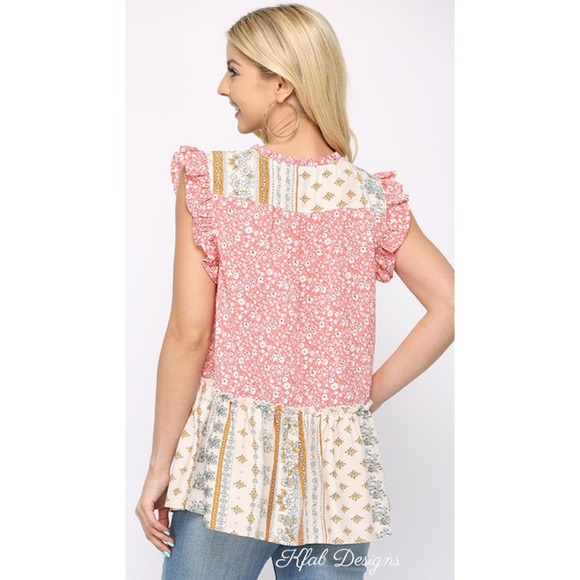 LAST 2! Flutter Sleeve Boho Woven Mixed Print Tassel Tie Top! - Picture 7 of 7